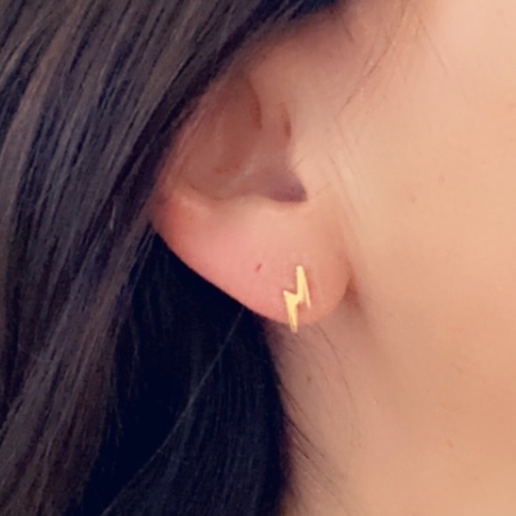 14k Gold Studs Thunderbolt Earrings 11mm - Picture 6 of 9